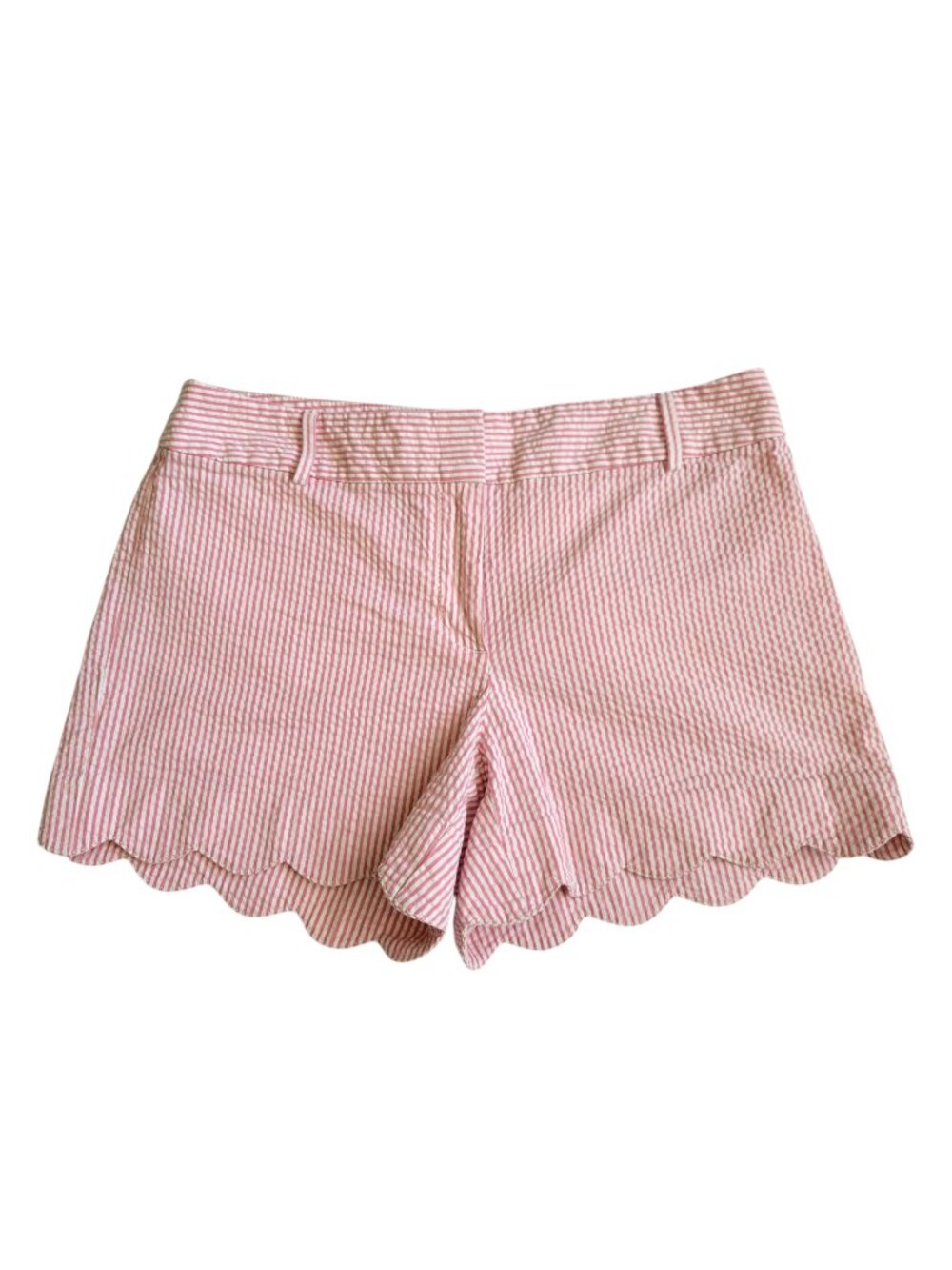 LOFT Women's Seersucker Scalloped Shorts Pink White Striped 4" Inseam Size 4 EUC